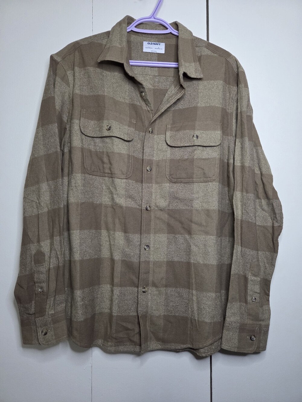Old Navy Men's L Brown Plaid Shirt Casual Button Front Soft Feel Brushed Cotton